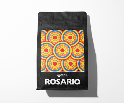 El Rosario Colombia coffee label by Mr. Tinto Coffee Roasters – colourful sun-pattern design inspired by Chinchiná, specialty Colombian coffee.