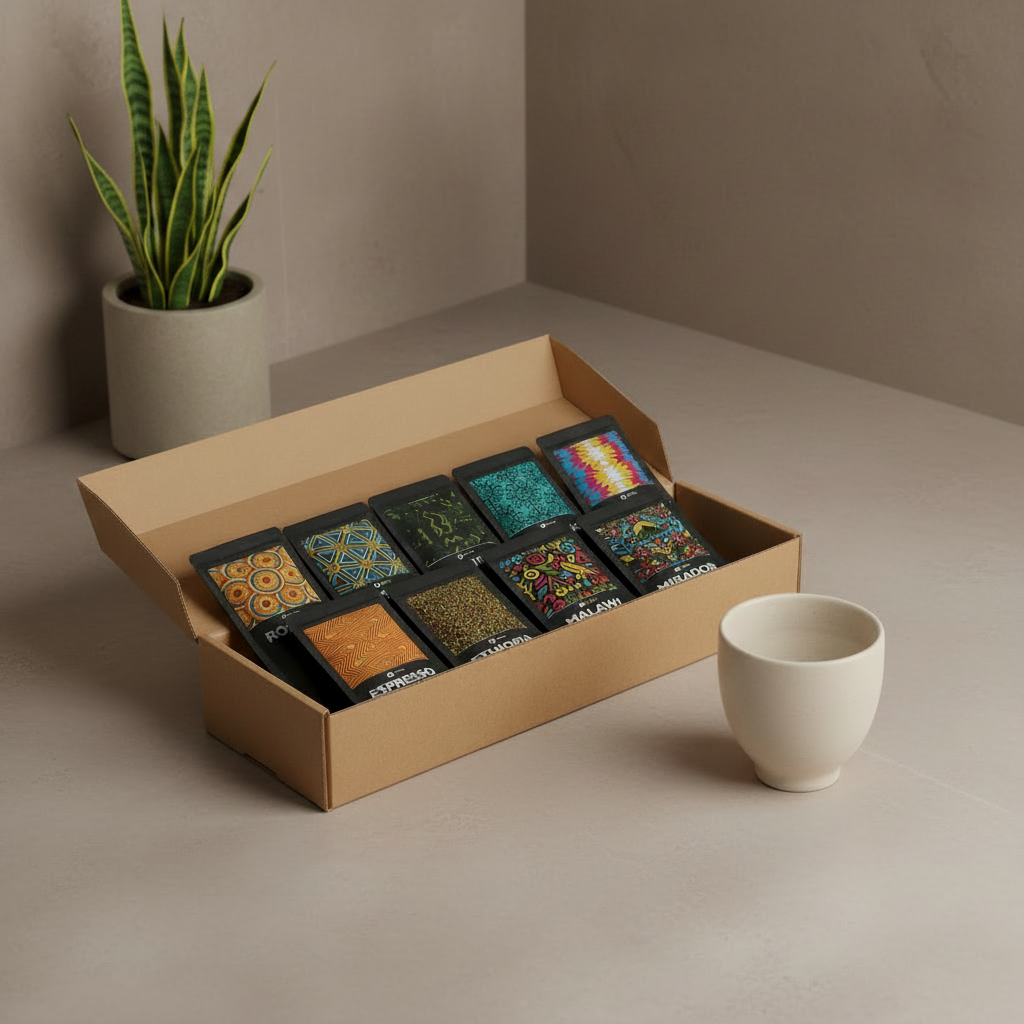 Nine Origins coffee tasting box styled on a modern stone surface with a single plant and ceramic cup