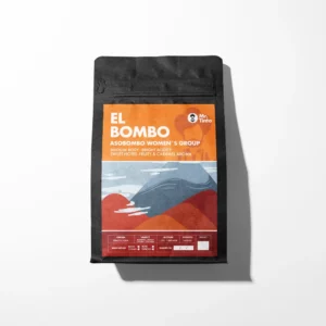 Mr. Tinto El Bombo coffee bag by Asobombo Women’s Group, featuring medium body, bright acidity, fruity sweet notes, and caramel aroma.