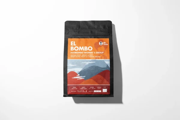 Mr. Tinto El Bombo coffee bag by Asobombo Women’s Group, featuring medium body, bright acidity, fruity sweet notes, and caramel aroma.