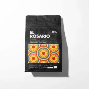 Mr. Tinto El Rosario coffee bag featuring dark chocolate, nutty, dark caramel, and dried fruit flavors