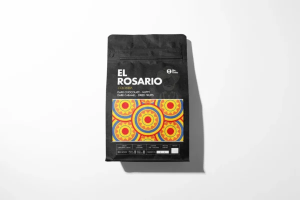 Mr. Tinto El Rosario coffee bag featuring dark chocolate, nutty, dark caramel, and dried fruit flavors