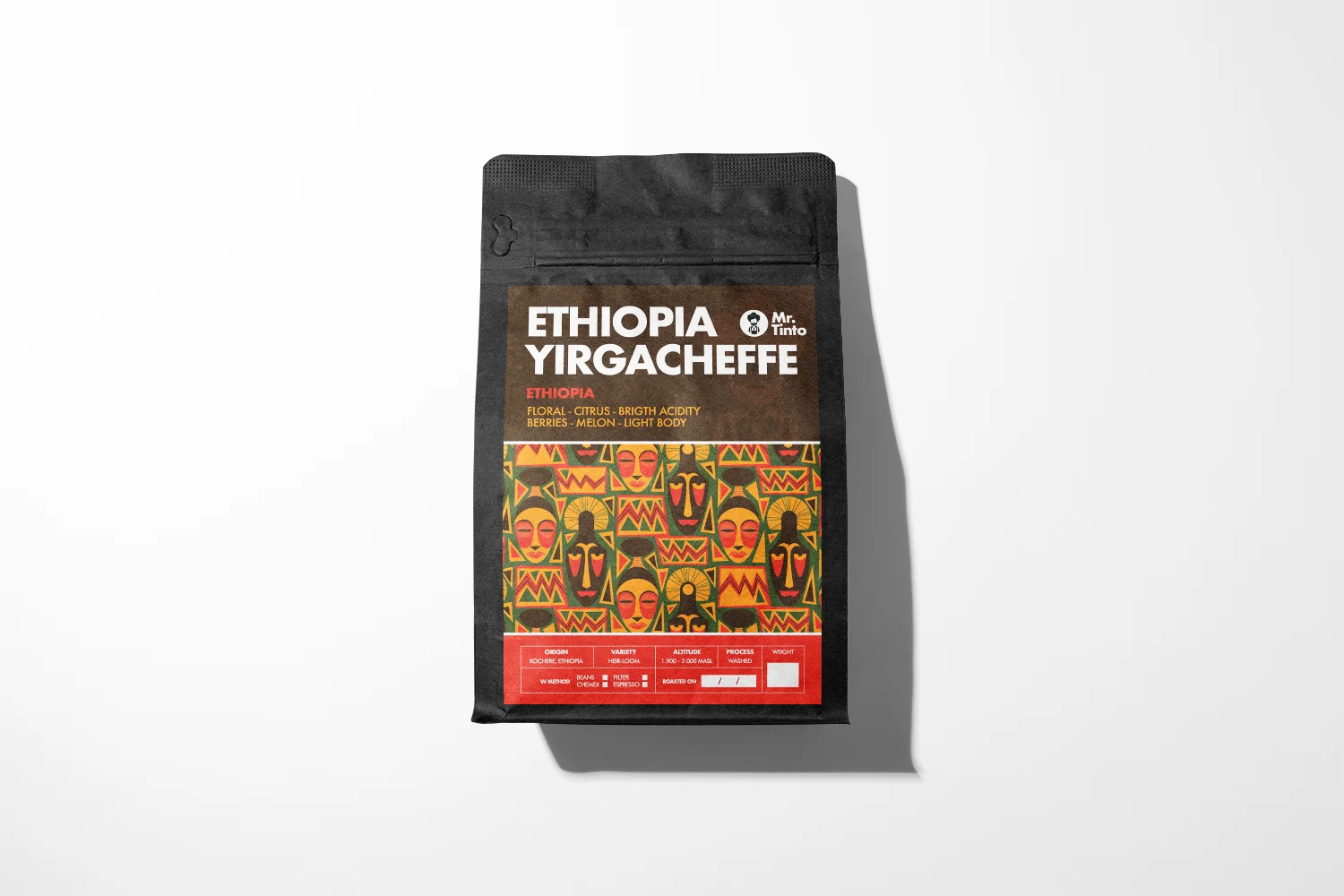 Mr. Tinto coffee bag: Ethiopia Yirgacheffe, featuring floral, citrus, and berry notes with bright acidity and a light body.