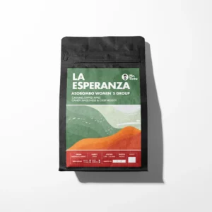 Mr. Tinto coffee bag: La Esperanza by Asobombo Women’s Group, featuring caramel-dipped apple flavor with candy sweetness and crisp acidity.