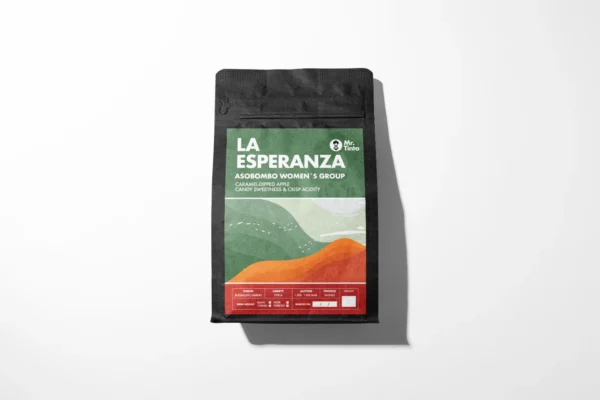 Mr. Tinto coffee bag: La Esperanza by Asobombo Women’s Group, featuring caramel-dipped apple flavor with candy sweetness and crisp acidity.