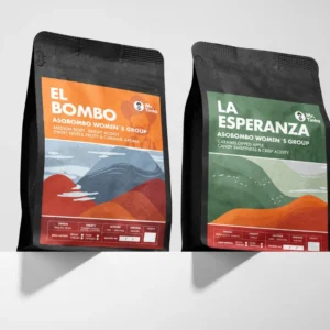 Mr. Tinto coffee bags: El Bombo and La Esperanza, both by Asobombo Women’s Group, featuring medium body, fruity, caramel, and crisp acidity flavors