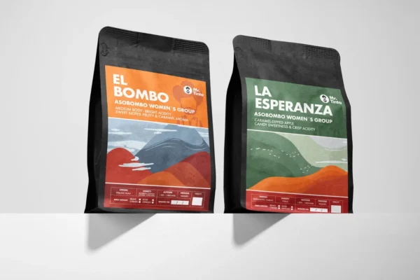 Mr. Tinto coffee bags: El Bombo and La Esperanza, both by Asobombo Women’s Group, featuring medium body, fruity, caramel, and crisp acidity flavors