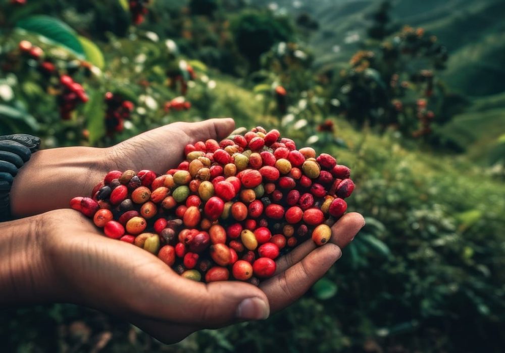 Hands full of Colombian coffee